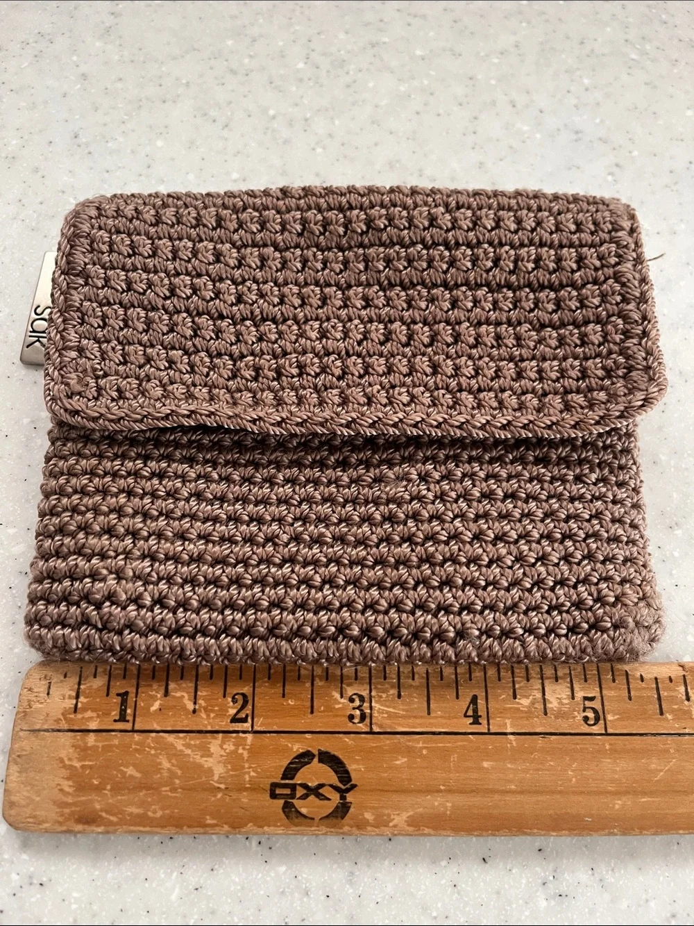 The SAK Taupe Crochet Zippered Cosmetic/Catch All Pouch/Bag Zip Closure